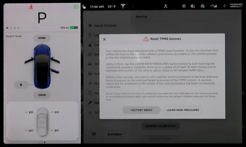 how to reset tesla tire pressure